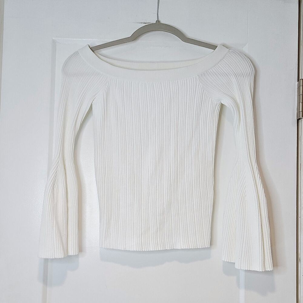 Jonathan Simkhai Off Shoulder Ribbed Bell Sleeve Sweater XS White Knit Top